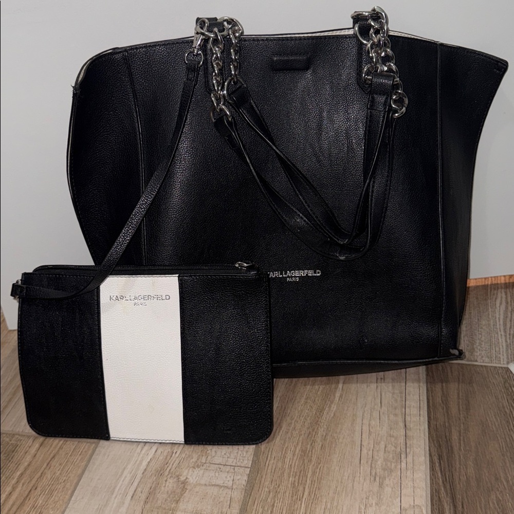 Karl Lagerfeld Black and White Tote with Chain Detail - Picture 2 of 4